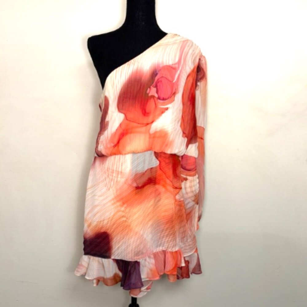 Express Orange and Coral One-Shoulder Floral Print Romper - Size XL